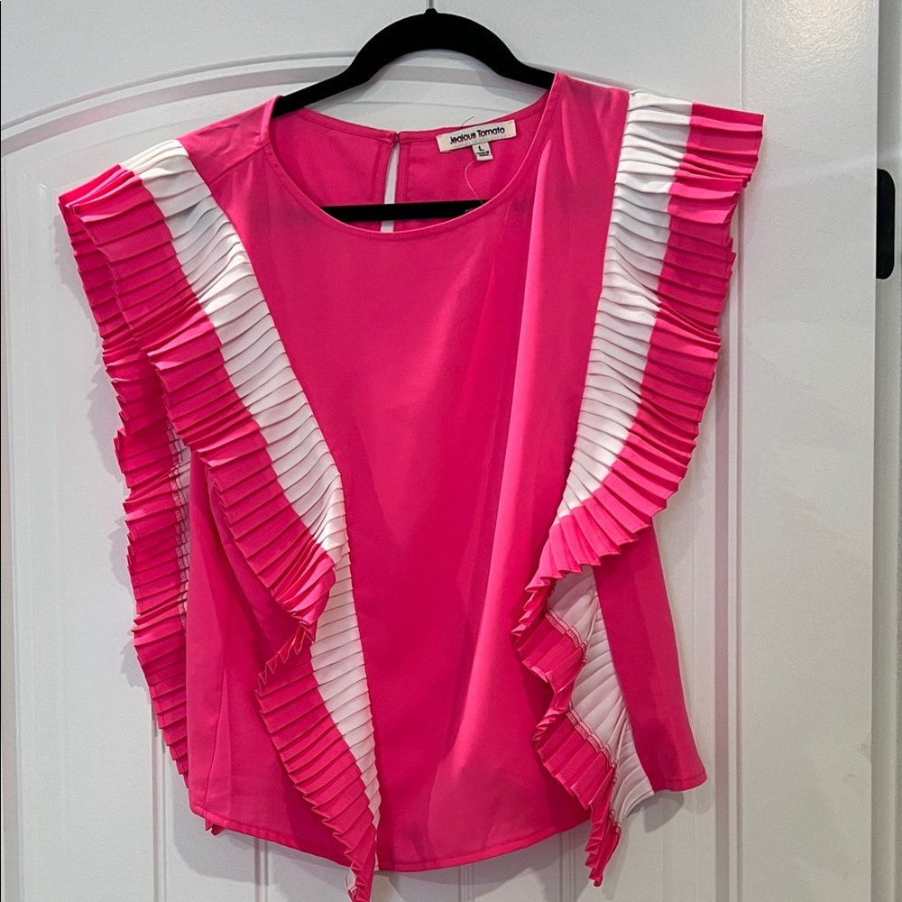 Jealous Tomato Pink and White Ruffle Blouse